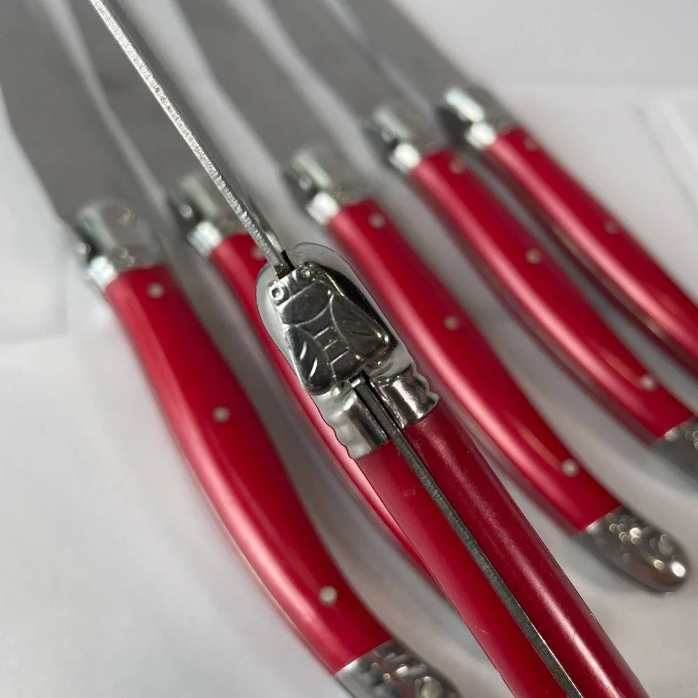 Laguiole Jean Dubost Steak Knife Set 6 Piece Red Handles French Stainless Steel